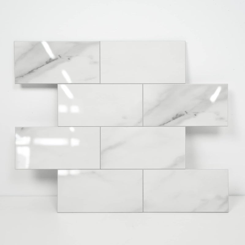 COLAMO Luxury 5-Sheet Peel and Stick Backsplash,Self Adhesive Faux Stone 12”x12” White Subway Tile for Kitchen,Glossy Carrara Brick Marble Tile Look,Stick on Accent Wall for Bathroom,Fireplace - Image 1